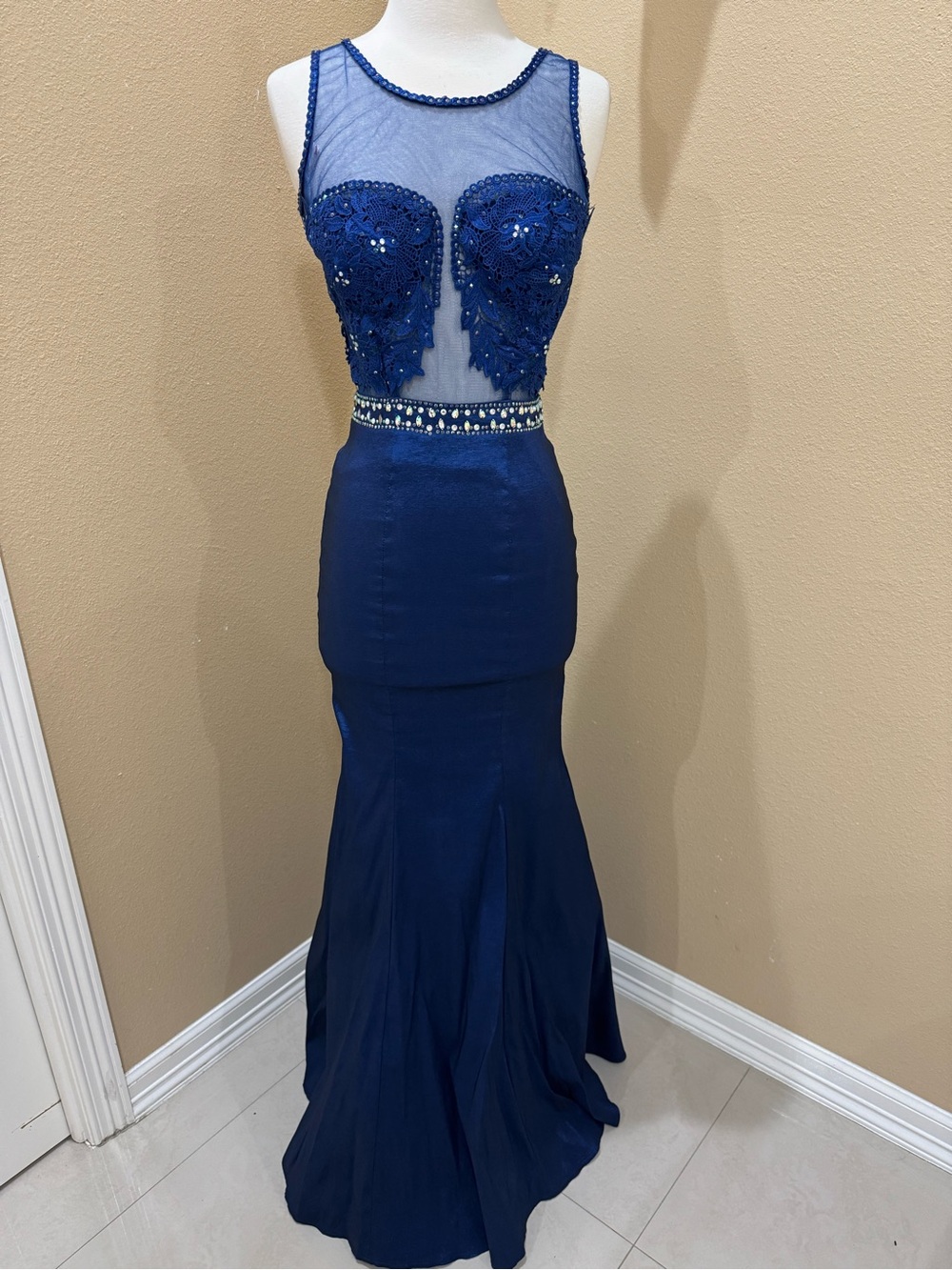 Dancing Queen Navy Beaded Mesh Mermaid Gown
